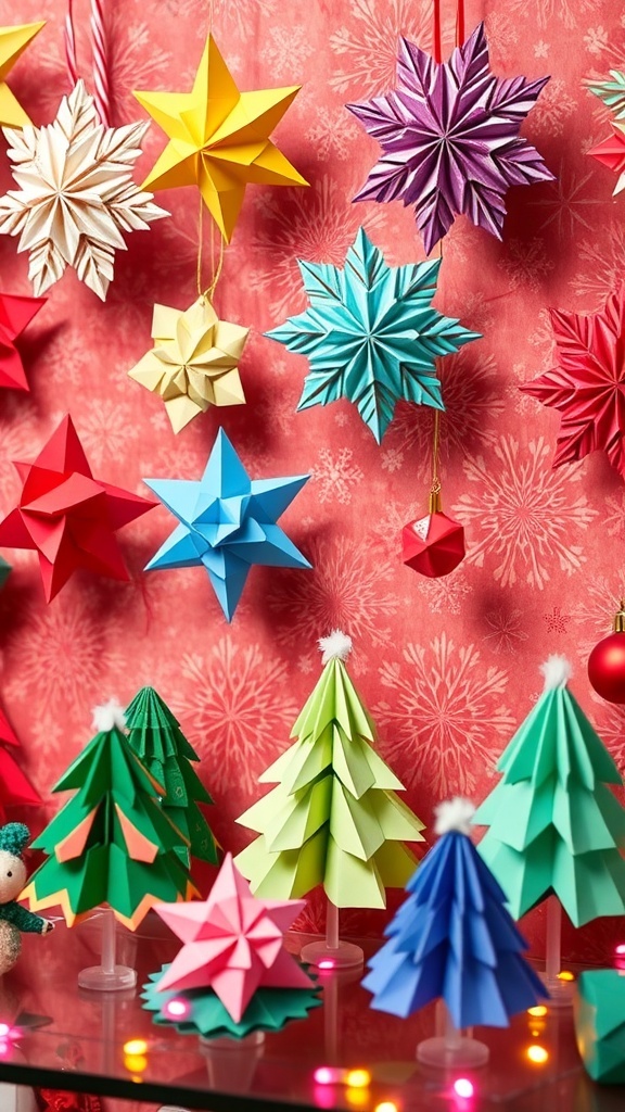 Colorful origami Christmas decorations including stars and snowflakes on a festive background.